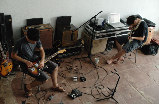 Joel Nass of The Violet Lights prepares to record guitar for Sex & Sound EP with Izaak Mott