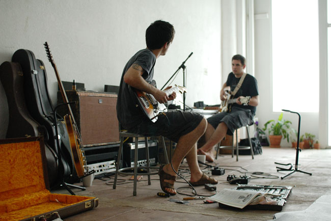 Joel Nass of The Violet Lights prepares to record guitar for Sex & Sound EP with Izaak Mott