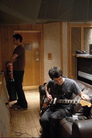 Joel Nass of The Violet Lights prepares to record guitar for Sex & Sound EP with Izaak Mott