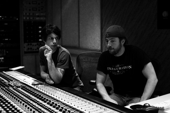 Joel Nass and Geoff Neal in the control room listening to vocal tracks from Sex & Sound EP by The Violet Lights