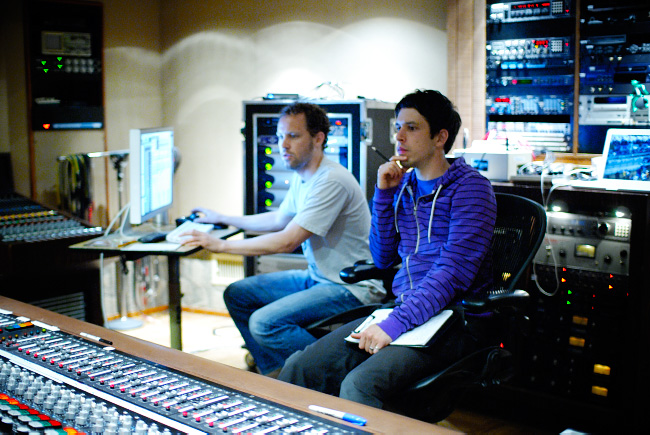 Joel Nass and Graham Hope in the control room mixing Sex & Sound EP by The Violet Lights