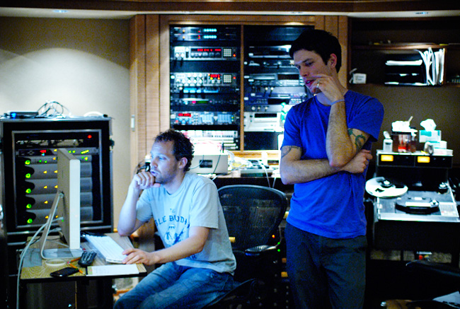 Joel Nass and Graham Hope in the control room mixing Sex & Sound EP by The Violet Lights